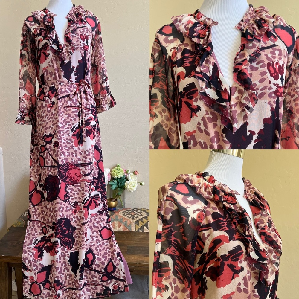 Tory Burch $498 100% Silk Crepe Animal/Floral Print Tunic Style Maxi Dress Sz S